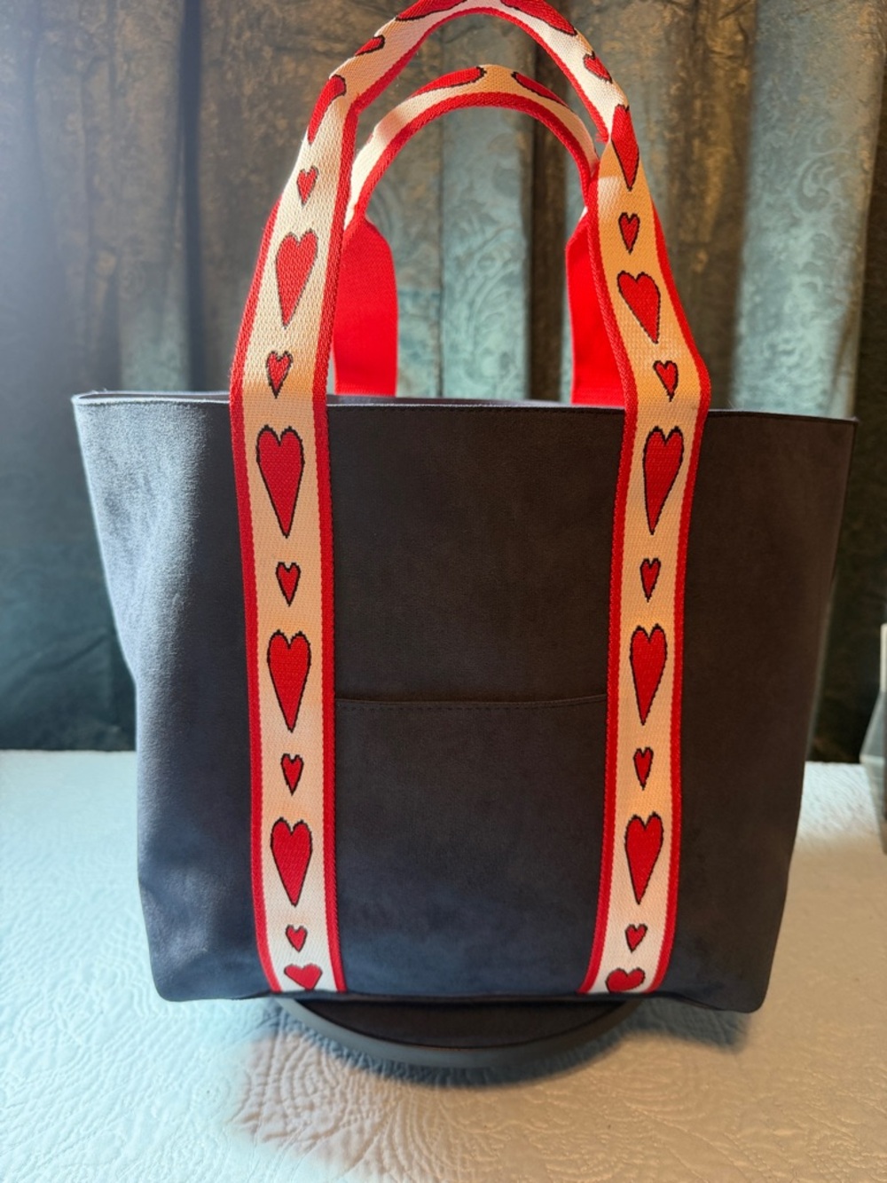 Brighton Navy Tote with Red Heart Strap Accents 12 x 12 - Picture 3 of 7